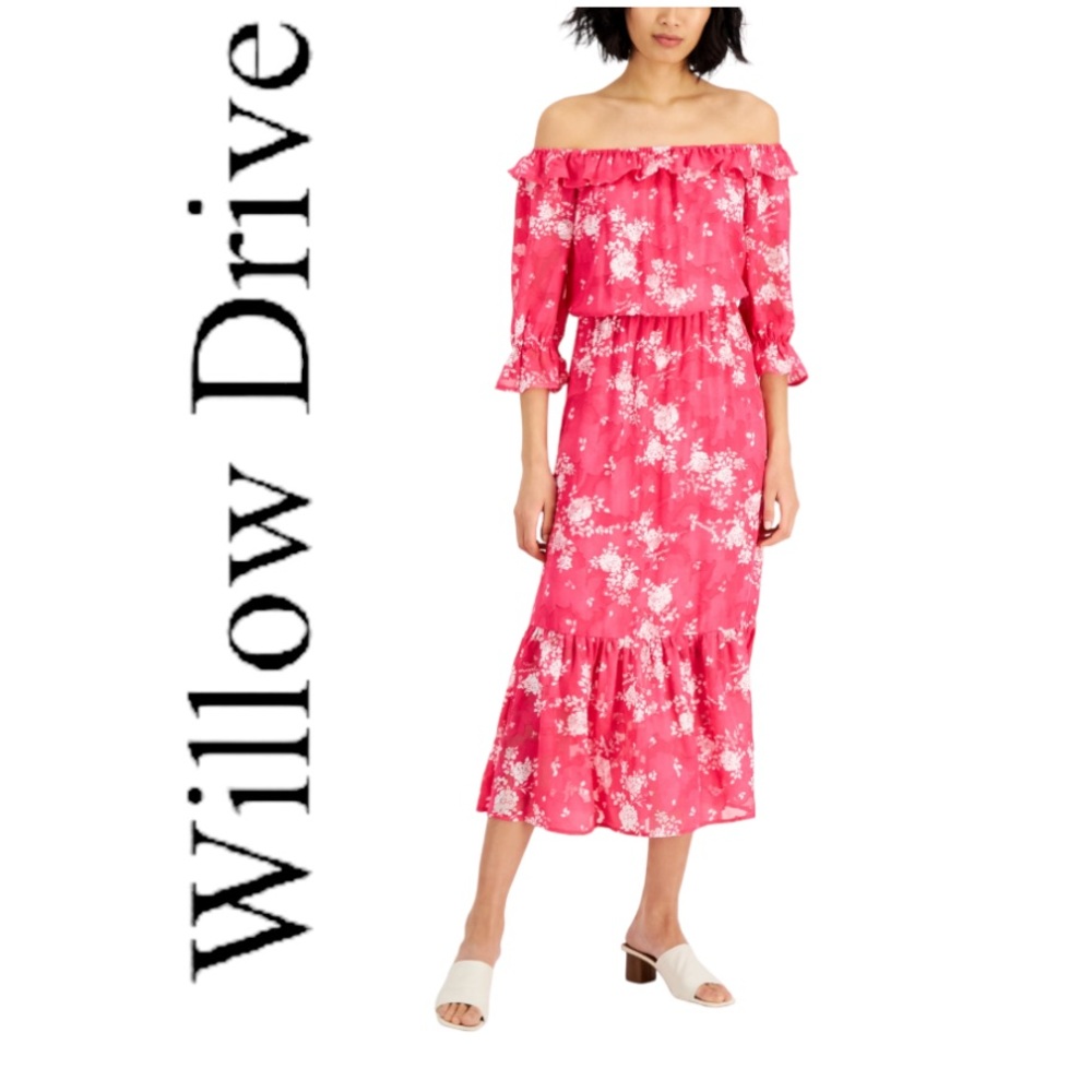 Willow Drive Reticket Tag Floral-Print Off Shoulder Maxi Dress Fuschia Floral